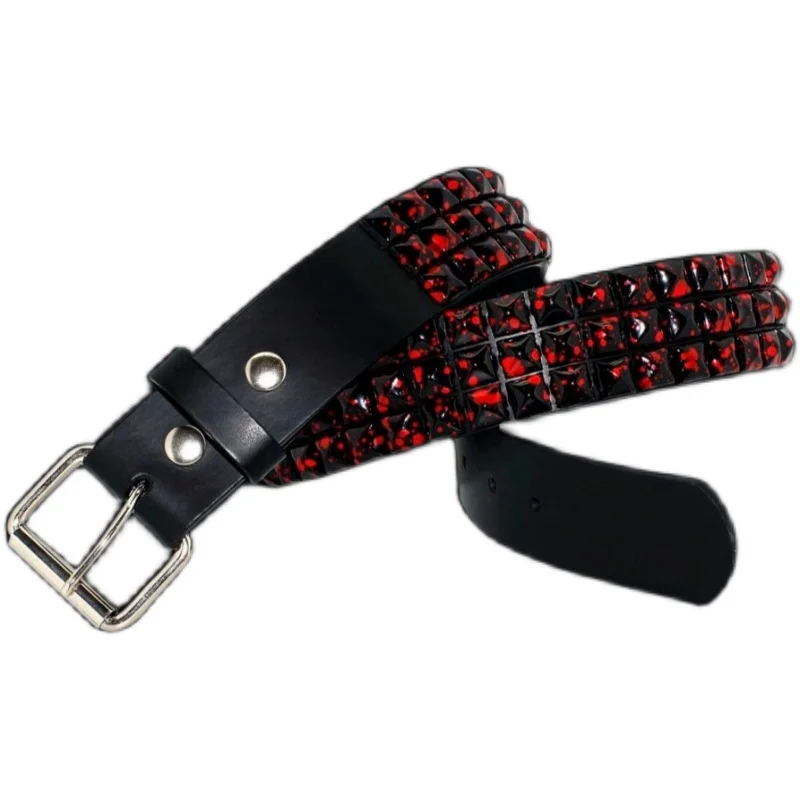 

gothic and punk rock band genuine leather cowhide alloy black and red painted prymaid stud belt