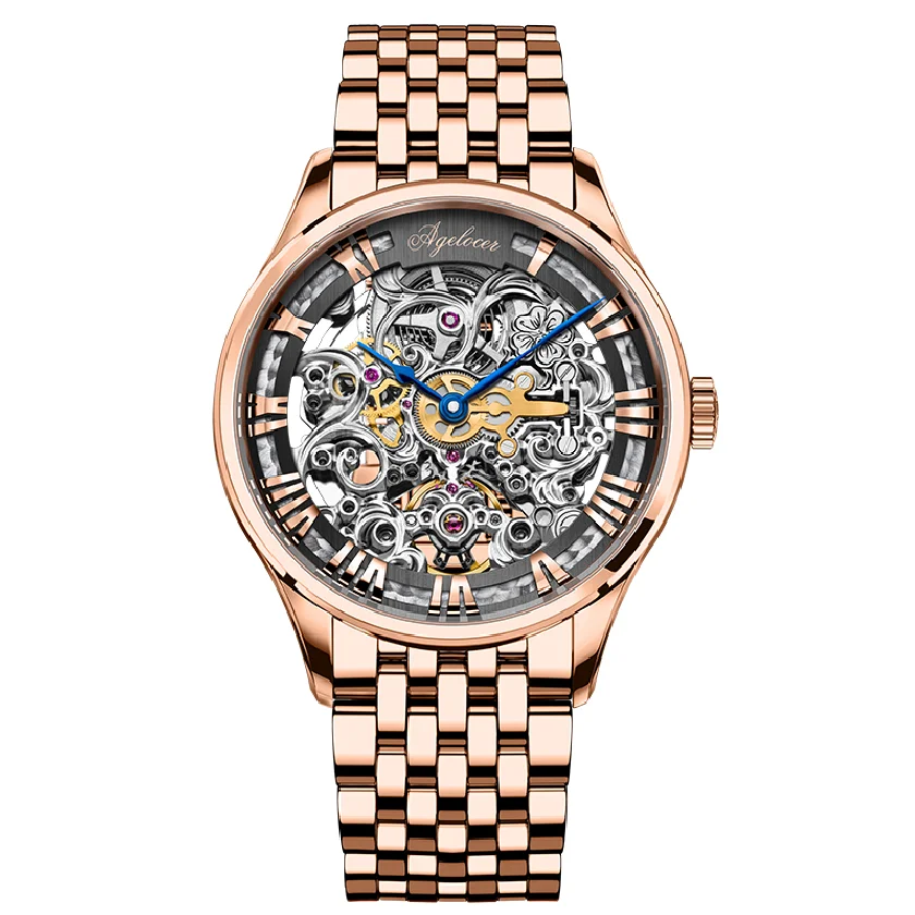 

AGELOCER Original Sapphire Automatic Watch For Men Steel Luxury Design Rose Gold Bracelet Men Mechanical Skeleton Wrist Watches