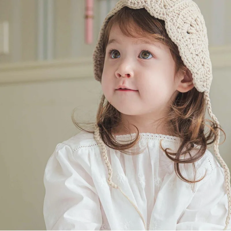 2023 New Hand-knitted Children's Spring and Summer Flower Wool Cap/newborn Ear Cap