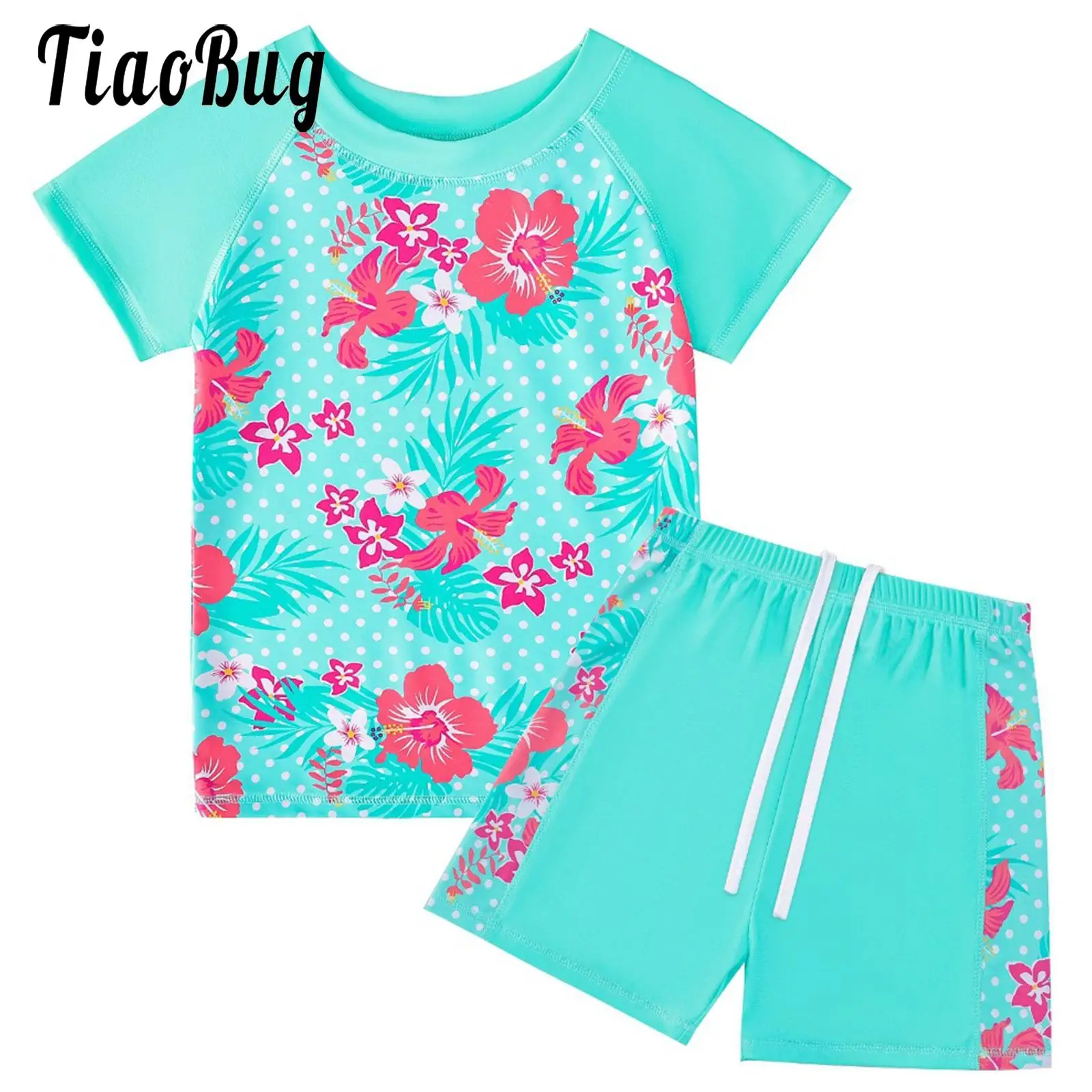 

Костюм для девочек из двух предметов, топ с коротким рукавом и шорты на шнуровке с принтом, купальник 2023, детский купальник, купальный костюм, пляжная одежда