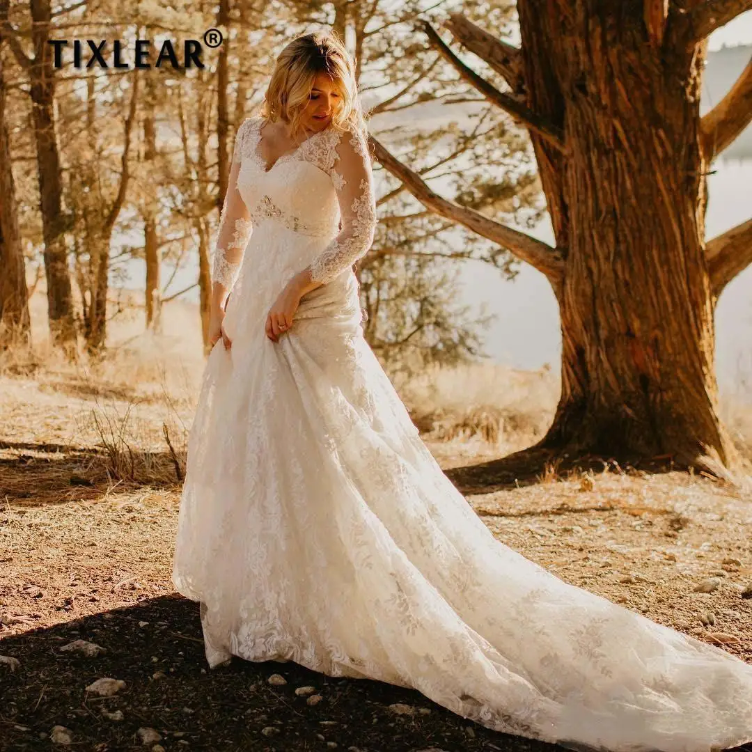 

TIXLEAR Country Plus Size Lace Wedding Dresses V-Neck 3/4 Long Sleeve A-Line Bridal Gowns Vestido De Novia 2022