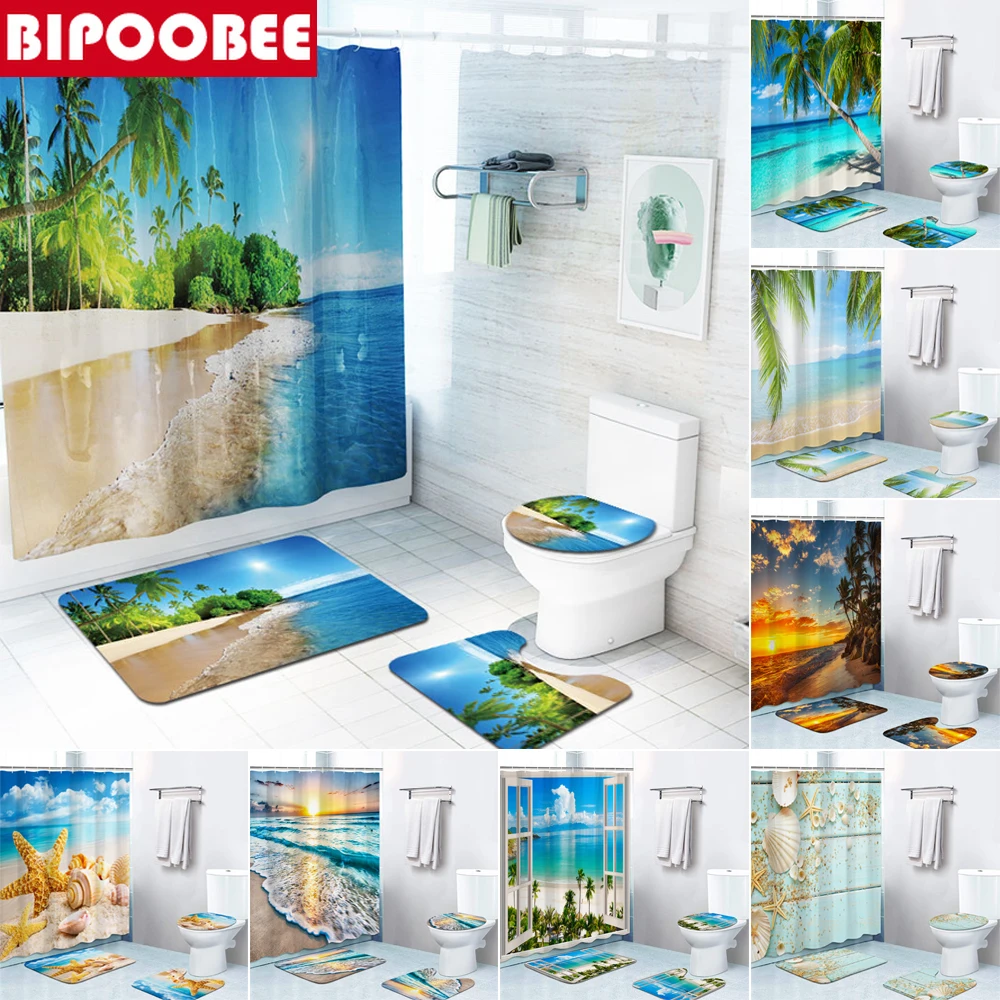 

Beach Seaside Landscape Print Shower Curtain Floor Mat Shell Starfish Bathroom Curtains Toilet Cover Mats Bath Rugs Carpet