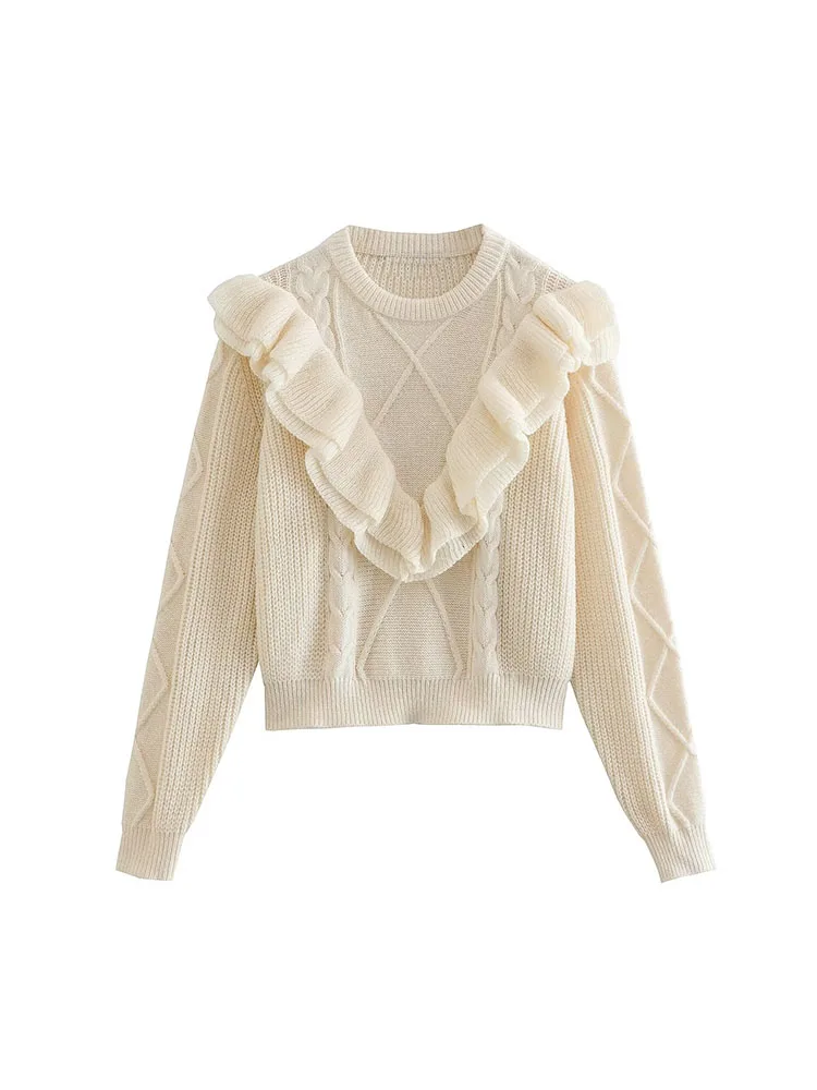 

2022 Autumn/Winter women's new solid colour fashion round neck chic ruffle crochet pullover jumper