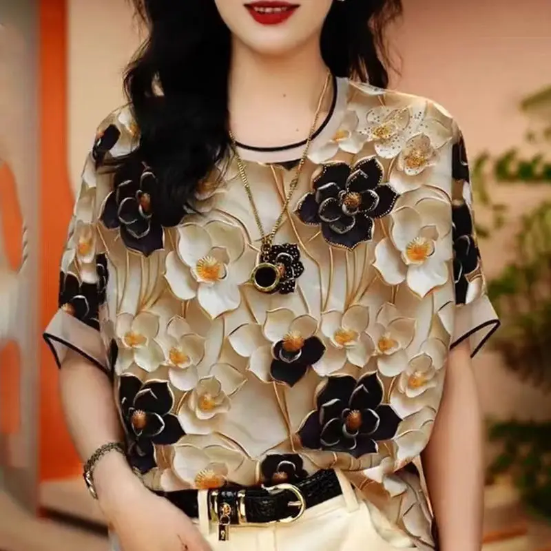 Женская шифоновая рубашка с коротким рукавом и круглым вырезом