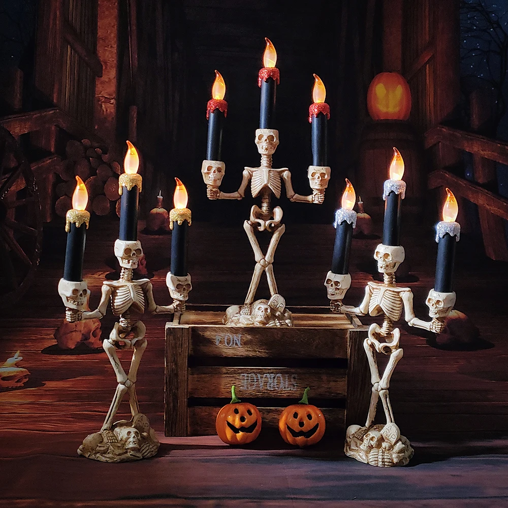 

Halloween Skeleton Candlestick Ghost Festival Horror Decoration Props LED Electronic Candle Light Skull Ornament Bar Decoration