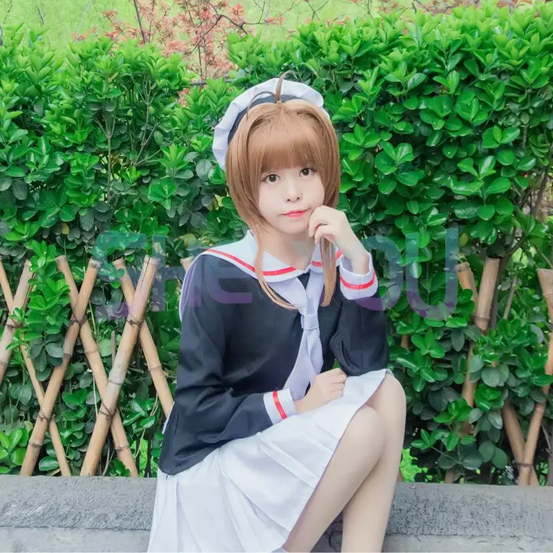 

Anime Cardcaptor Sakura Cosplay Costume Sakura Kinomoto School Uniforms Outfits Sailor Suit Full Set ( Top + Skirt + Cap + Tie )