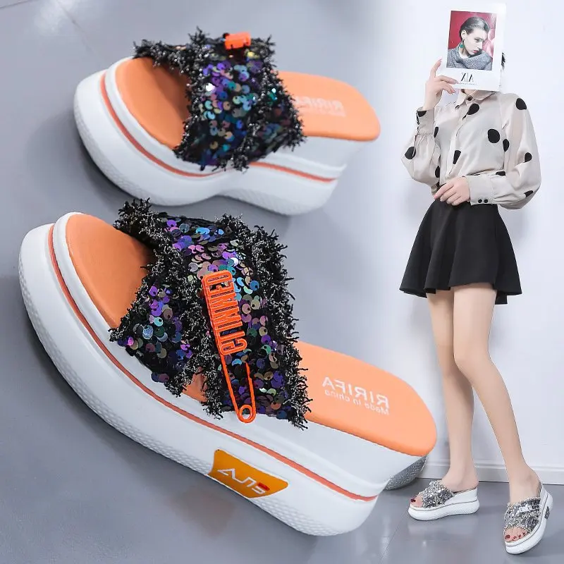 

2022 Women Summer Bling Sandals Cross Beach Sandals Wedge Shoes New Sandal Non-slip Flat Sandals Glitter Zapatos De Mujer34-39