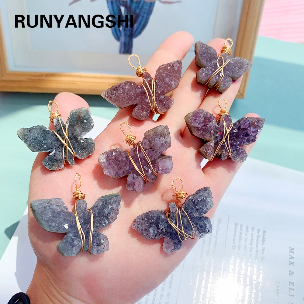

1pc Natural Amethyst Cluster Butterfly Necklace Energy Purple Gem Gold Wire Butterfly Jewelry Raw Quartz Gift for Women