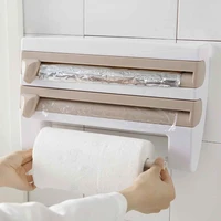 wall mounted kitchen cling film sauce bottle storage rack paper towel holder with cutter 3 color