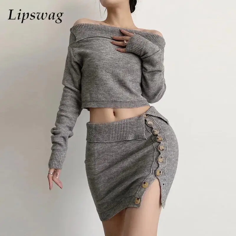 

2022 Harajuku Knitted Mini Skirt Suit Fashion Lapel One Shoulder Long Sleeve Tops+Skirt 2Pcs Set Spring Women Knit Sweater Sets