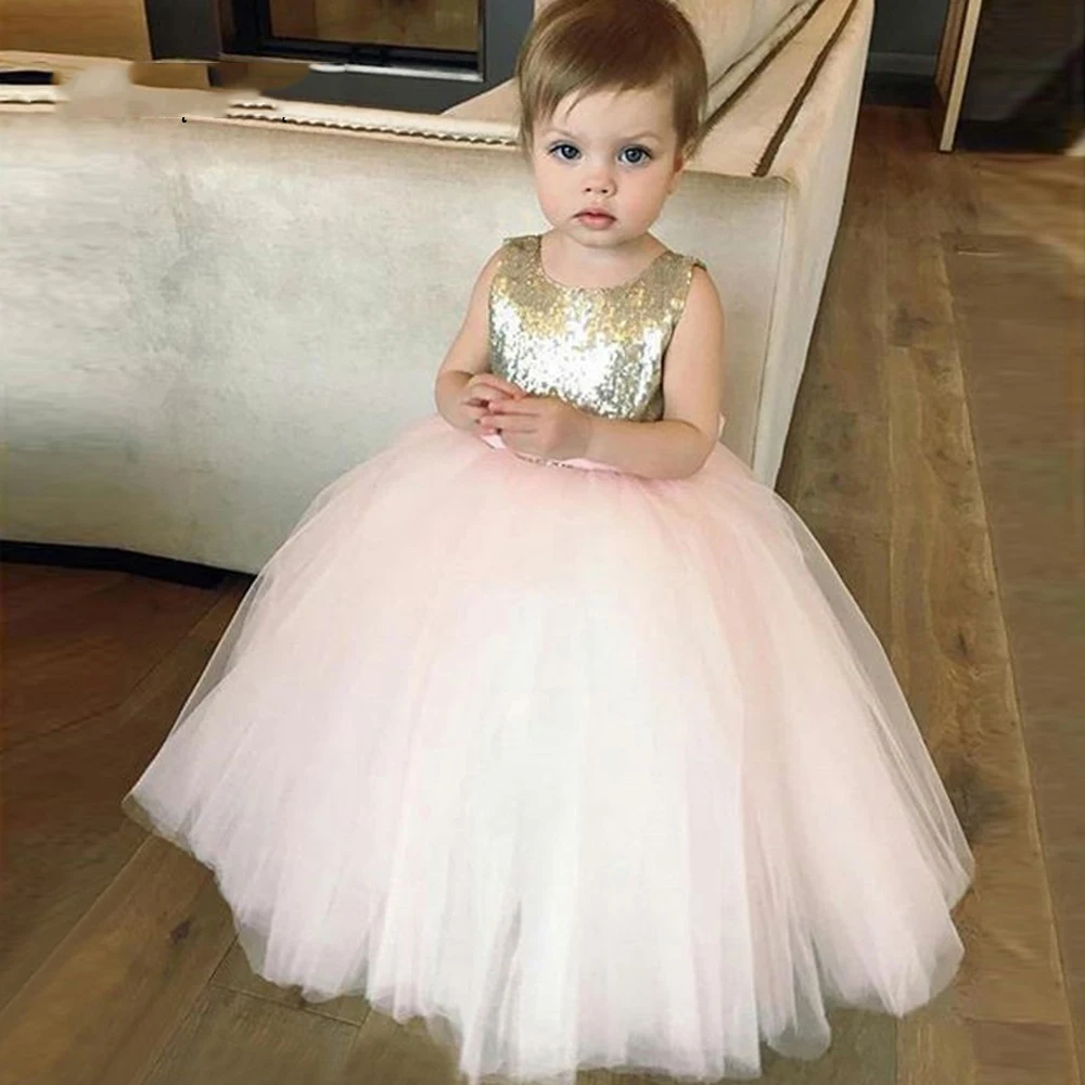 

Puffy Gown Pink Skirt Sequin Bodice Scoop Neck Bow Knot Belt Cute Baby Birthday Flower Girl Dresses Girl Kids Prom Dresses