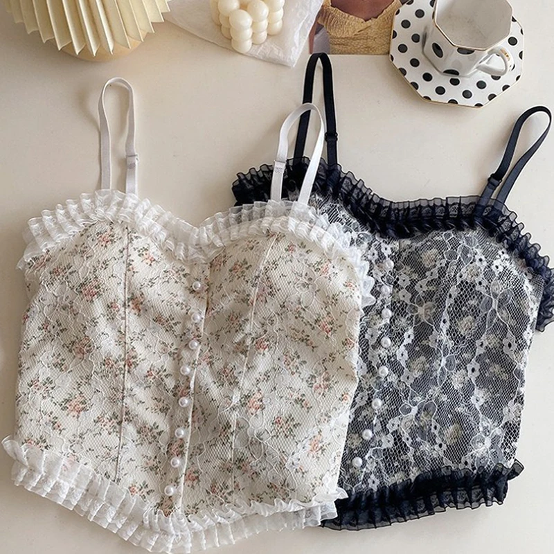 

Летняя кружевная майка с цветочным принтом, укороченная майка, элегантная облегающая короткая майка с запахом на спине для девушек, модная ...
