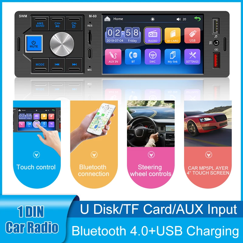 Touch Screen Car Radio 1 Din 4.1” Bluetooth 4.0 Stereo Audio FM Receiver USB Support Rearview Camera and Steering Wheel Control |