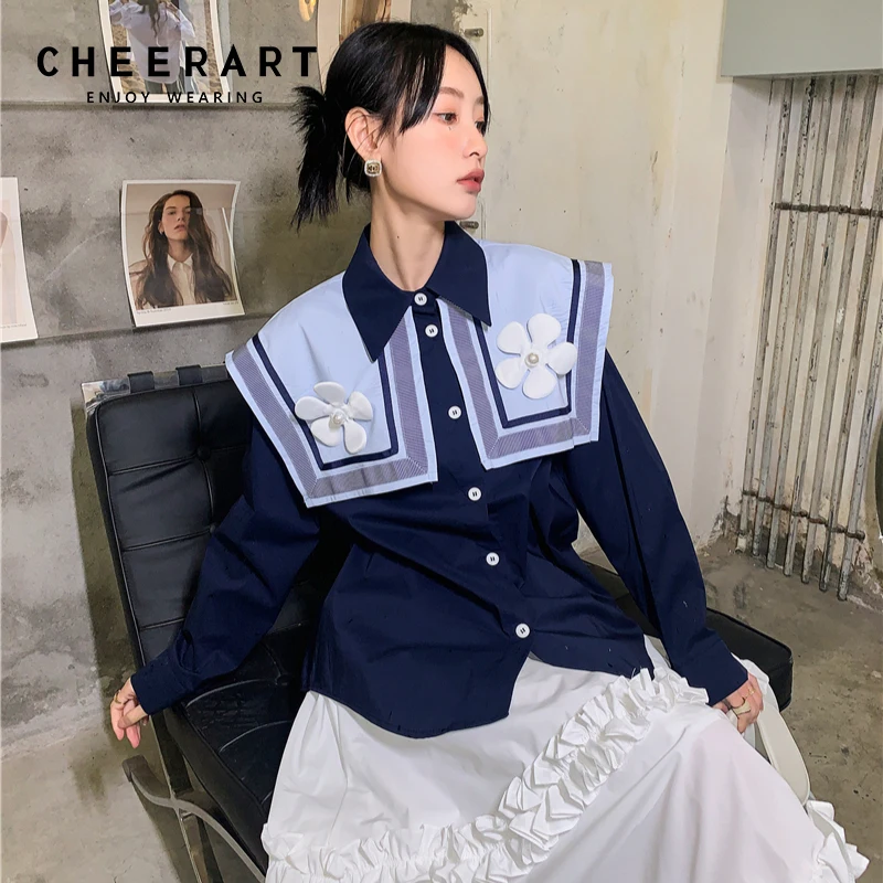 

CHEERART Preppy Style 2022 Sailor Collar Dark Blue Collared Shirt For Women Button Up Floral Patch Blouse Korean Fashion Top