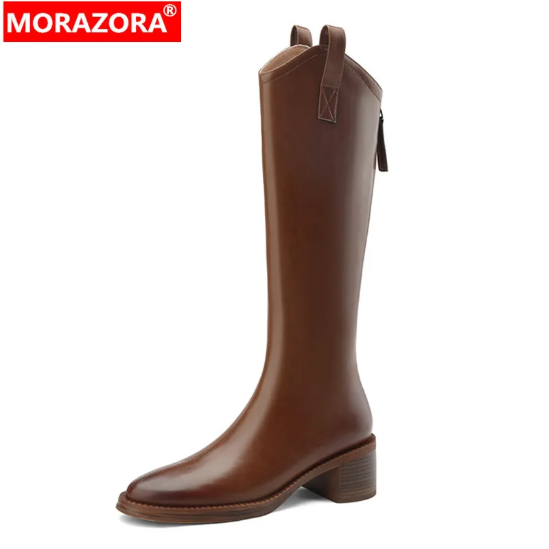 

MORAZORA 2023 New Size 34-40 Ladies Thick High Heels Shoes Genuine Leather Winter Boots Woman Zipper Platform Knee High Boots