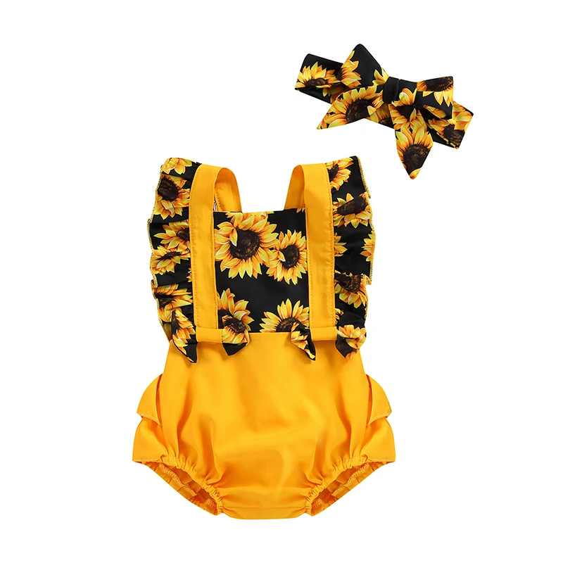 

Baby Girls Two-Piece Outfits Sunflower Print Flying Sleeve Square Neck Bodysuit Jumpsuit + Decorative Bow Headband Clothing