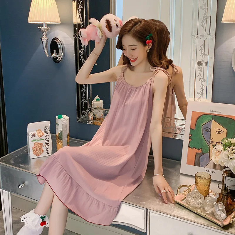 Summer Sleeping Dress Sweet And Fresh Princess Wind Pit Stripe Milk Silk Sexy Small Strap Sleeveless Mid Length Home Fury