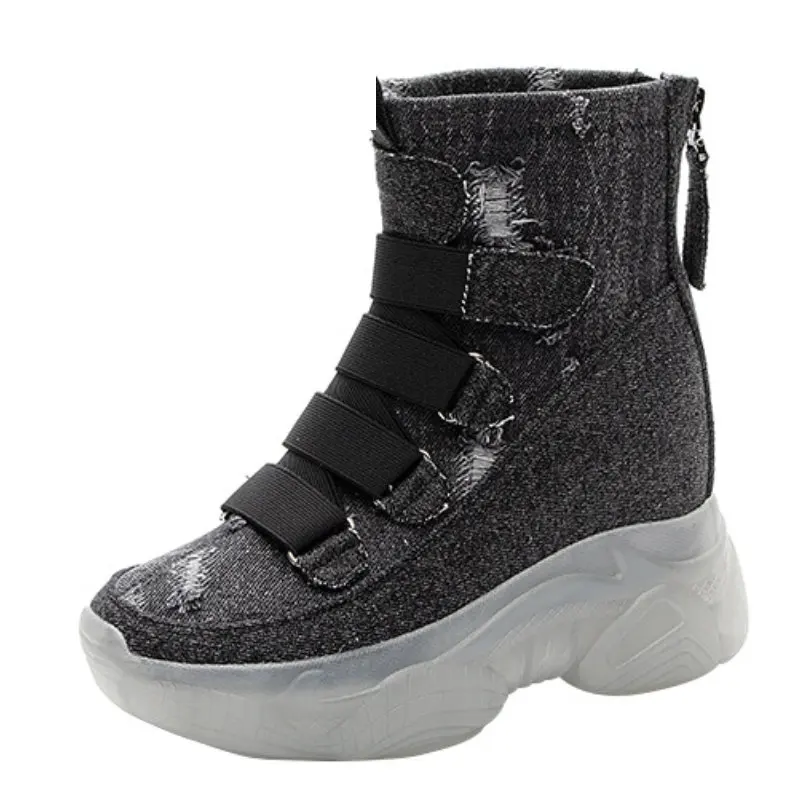 

8.5cm Denim Women Ankle Boots Platform Wedge Super Hight Heel Women Hook Elastic Zip Spring Autumn Fashion Booties Shoes