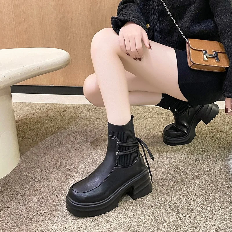 2023 Women Ankle Boots Chelsea Plush Warm Soft Sole Ladies Round Chunky Lace Up Winter Female Platform Shoes 35-39