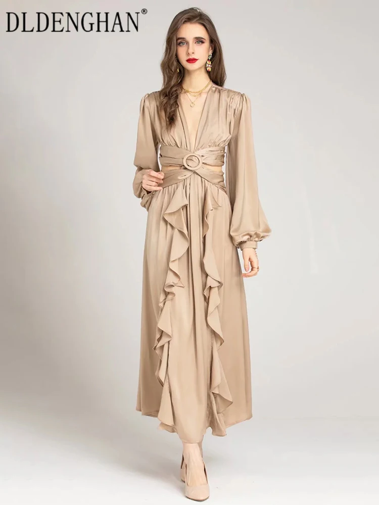 

Платье DLDENGHAN женское с V-образным вырезом, элегантное однотонное длинное вечернее дизайнерское модельное платье с рукавами-фонариками и обо...