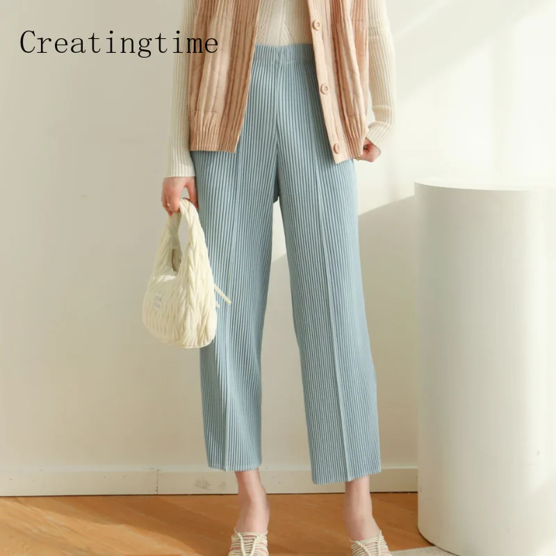 

Повседневные минималистичные весенне-осенние новые плиссированные модные однотонные облегающие прямые брюки миаке с высокой талией Офисная Женская одежда 1A480, 2023