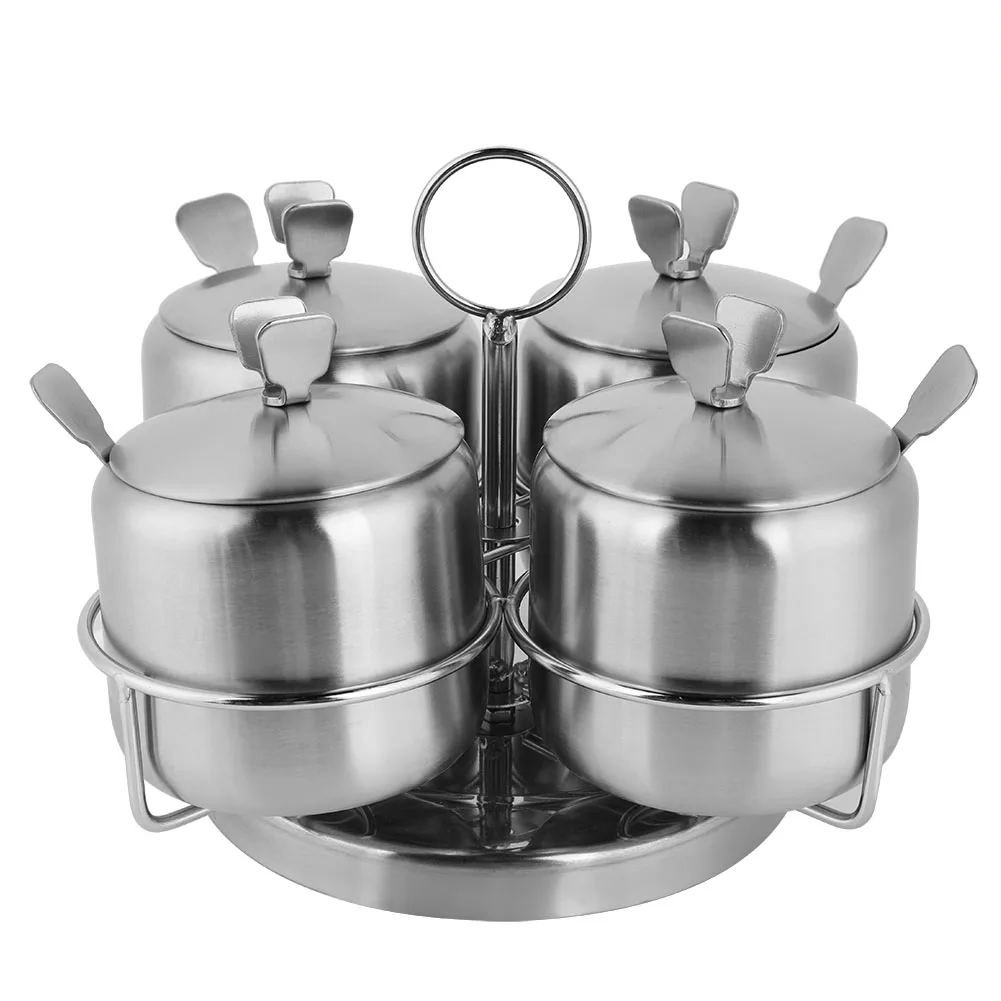 

Stainless Steel Rotate Spice Jars For Salt Spices Pot Four Seasoning Bottles with Spoon Cover stainless stainless stainless