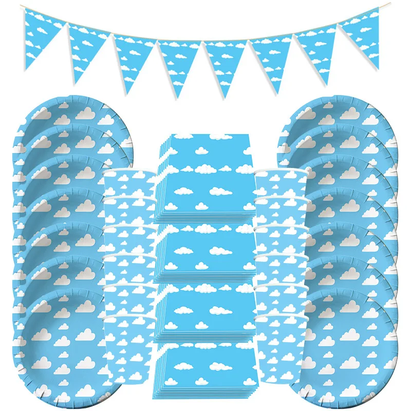 

Одноразовая посуда с облаками для дня рождения, набор воздушных шаров, свадебная скатерть с изображением синего неба и белого облака, банне...