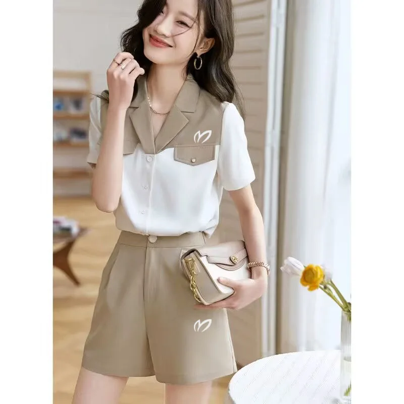 2023 New Summer Golf Fashion Splice V-Neck Short Sleeve Top Women's Simple Button Two Piece Set Women's Casual wear