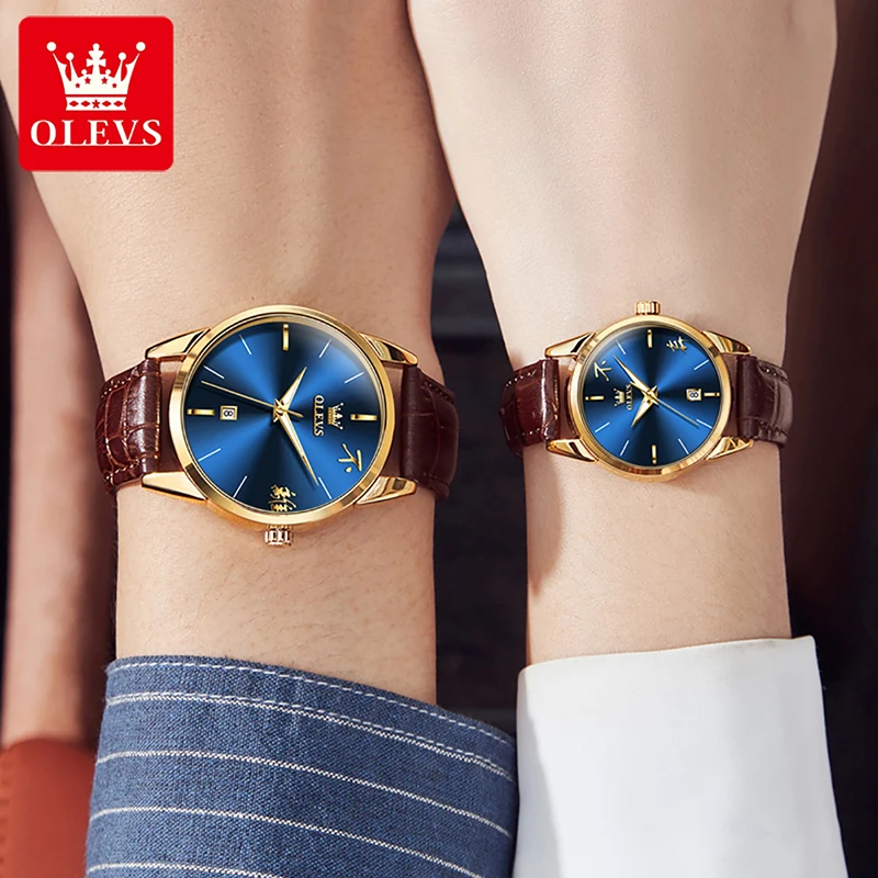 OLEVS Fashion Simple Couple Watch 30M Waterproof Genuine Leather Strap Calendar Display Mens Womens Watches Quartz Reloj Hombre