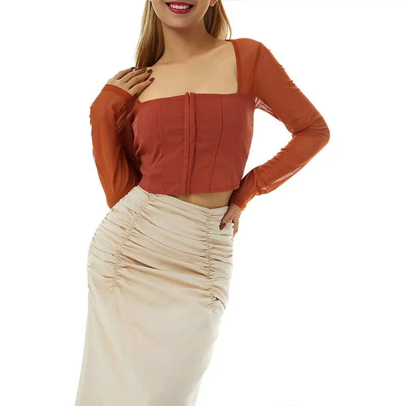 

Women Crop Tops Solid Color Mesh Long Sleeve Square Collar Slim Fit T-shirt Spring Autumn Streetwear
