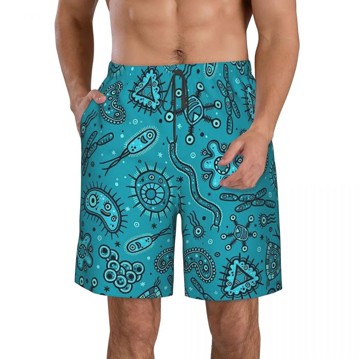 

Cartoon Microbes - Teal Men's Beach Shorts Pocket Code Geek Linux Swimsuit Quick Dry Men Beachwear Surfing Boardshorts