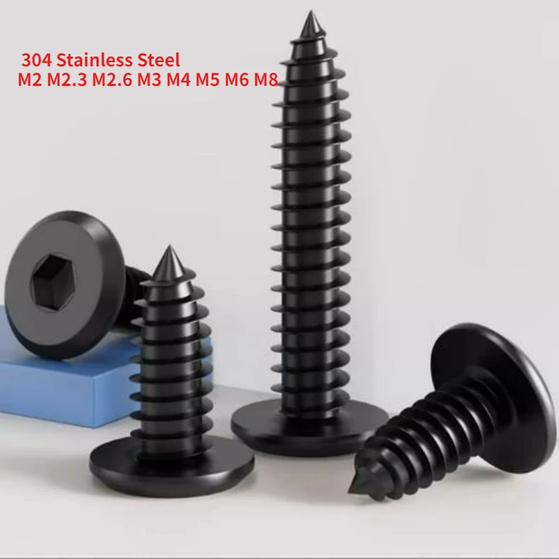 

10-200pcs Black 304 Stainless Steel Inverted Hexagonal Self Tapping Screw Thin Head Furniture Wood Screw M2 M2.3 M2.6 M3 M4-M8