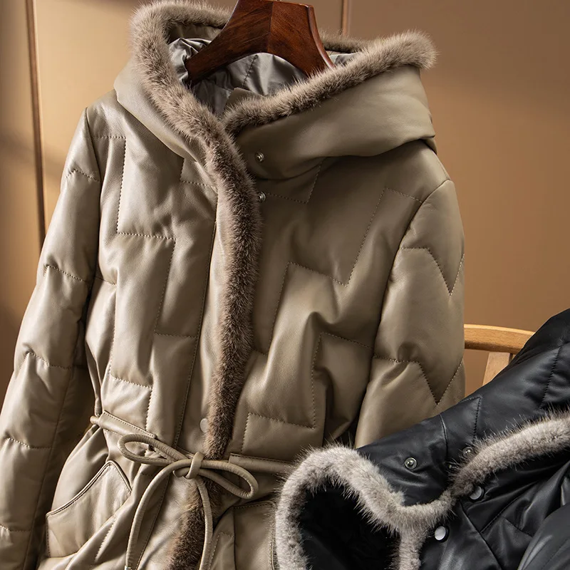 2023 Mink Hooded Genuine Leather down Long Genuine Leather Sheepskin Slim Fit Fashionable Jacket enlarge