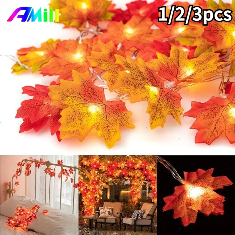 

3pcs 6M 40LED Halloween String Light Artificial Autumn Maple Leaves Fairy Garland Lamps Festival Party Thanksgiving Day Decor