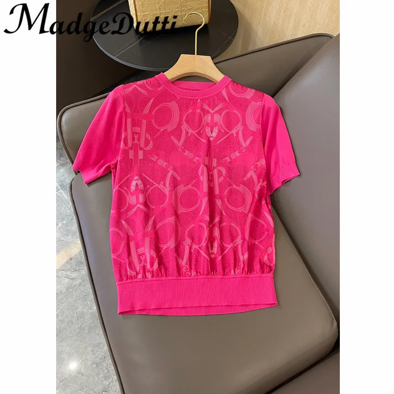 

3.30 MadgeDutti Print Silk Spliced O-Neck Short Sleeve Soft Comfortable Knit T-Shrt Knitwear Women