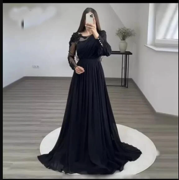 

Verngo Modest Black Chiffon Long Sleeves Evening Dresses Scoop Neck Applique Arabic Women Formal Evening Gowns Robe de soiree