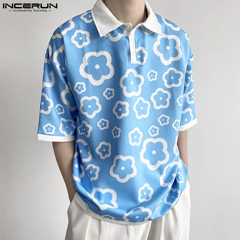 

INCERUN Men Shirt Print Patchwork Lapel Short Sleeve Streetwear 2022 Loose Casual Men Clothing Summer Korean Style Shirts S-5XL