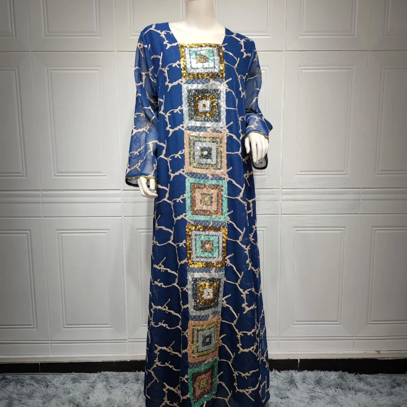 Plus Size Summer Modern Women Dress Maxi Long Abayas Oversized Islam Clothing Sequin Embroidered Muslim Jilbab