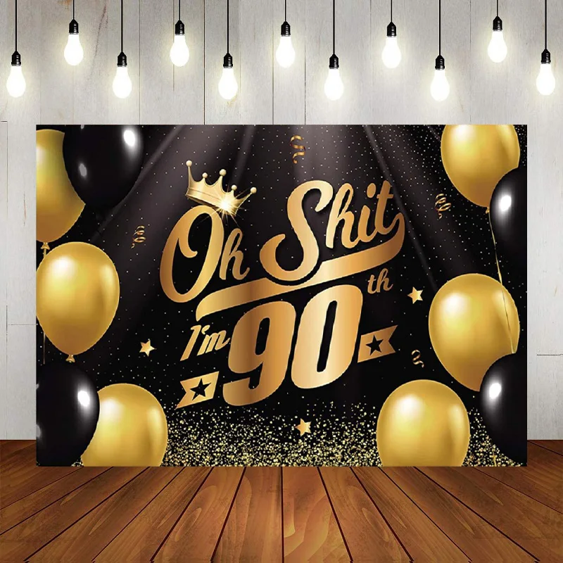 

90th Banner Photography Backdrop Black Gold Balloons Crown Confetti Cheers 90 Years Old Decor Anniversary Background Banner
