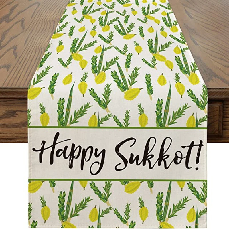 

Happy Sukkot Etrog Table Runner, Sukkah Jewish Holiday Autumn Harvest Kitchen Table Decorations Indoor Home Party Decoration