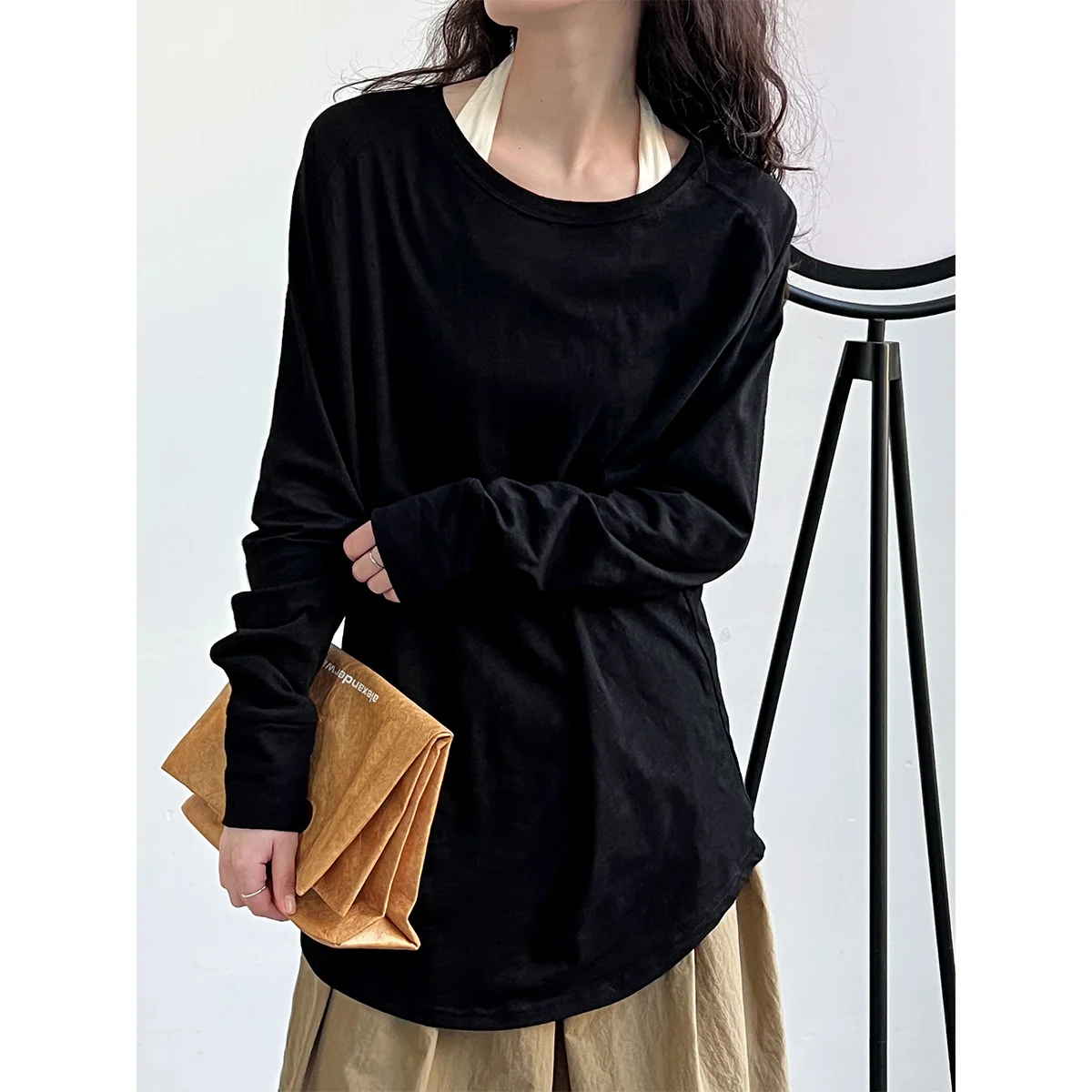 

Bamboo Cotton Long Sleeve T-shirt Women's Autumn Relaxed Fit Oversized Top