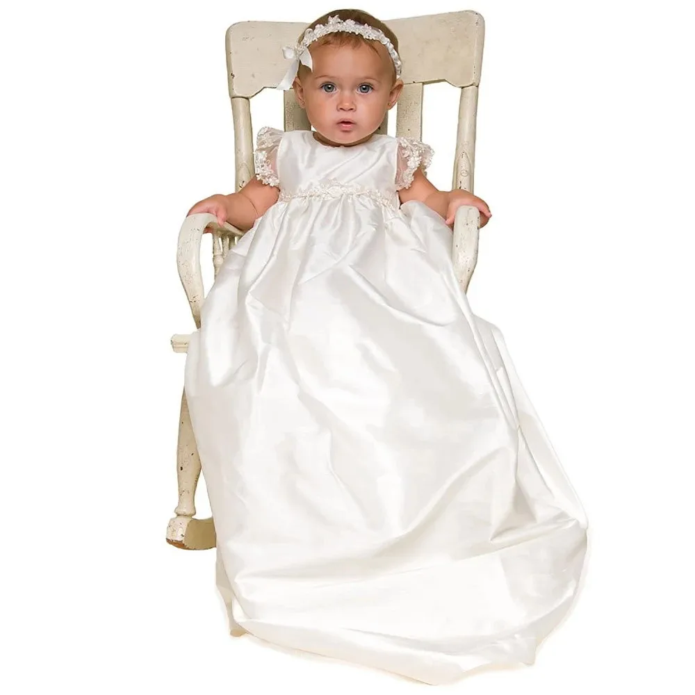 

New Toddler Birthday Dresses Baby Kids Long Christening Gowns Lace Short Sleeves Infant Baptism Dress