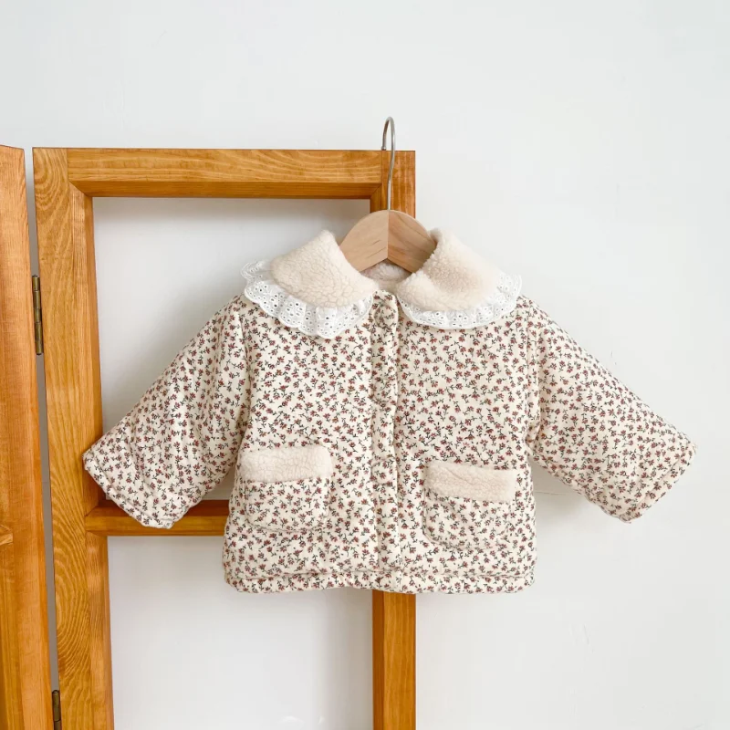 0-3 Years Old Baby Girl Cloth Jacket Winter Newborn Coat Cotton Padded Clothes Thick Sheepskin Lace Collar Baby Warm Flower Coat