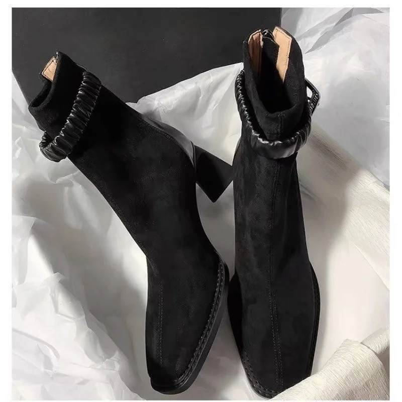 Женские ботильоны на высоком каблуке с квадратным носком модная замшевая