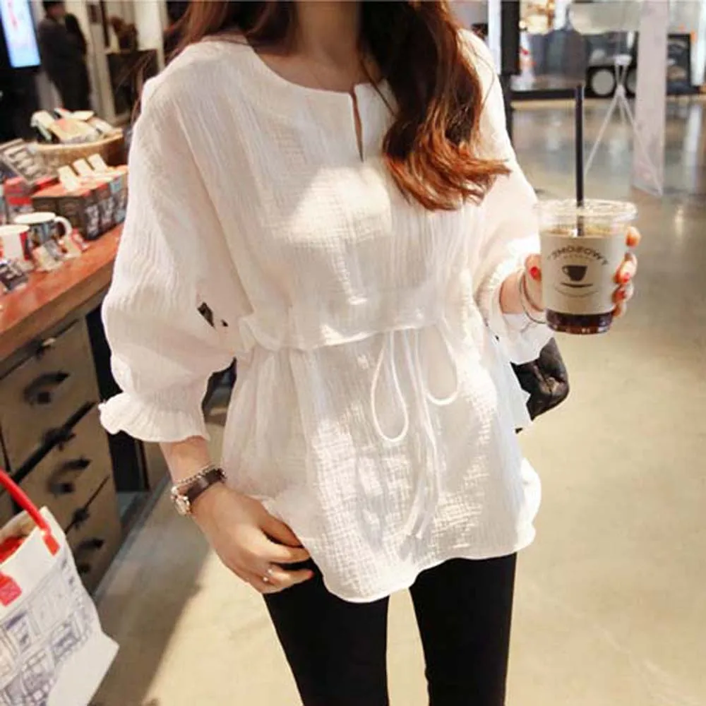 

Women's Blouse Loose Cotton And Linen Waist Coat Small Fresh Baby Shirt Solid Color Half-open Collar Long Sleeves Casual Tops
