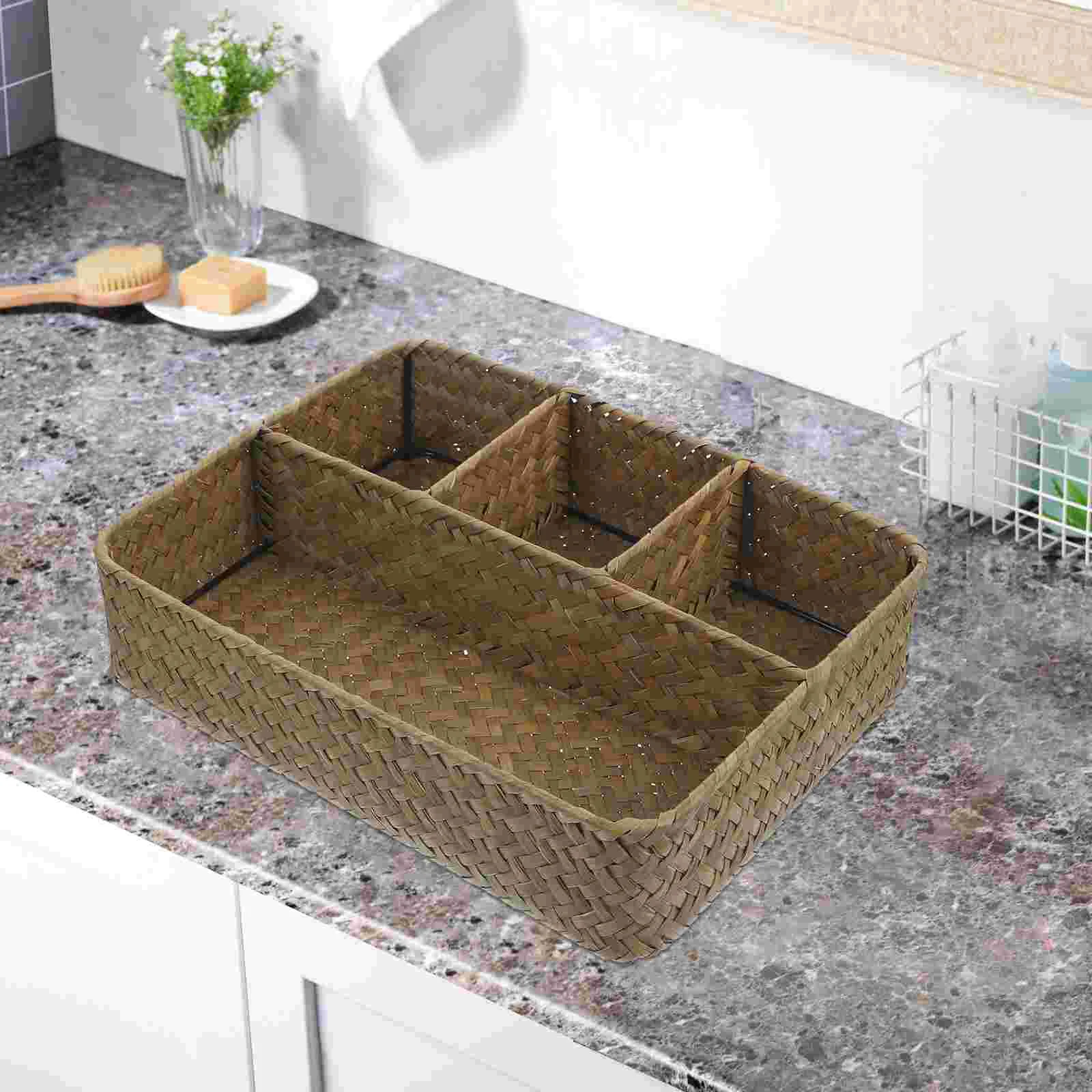 

Storage Basket Tray Coffee Table Bar Organizer Tea Bags Holder Wicker Station Countertop Condiment Cattail Grass Essentials