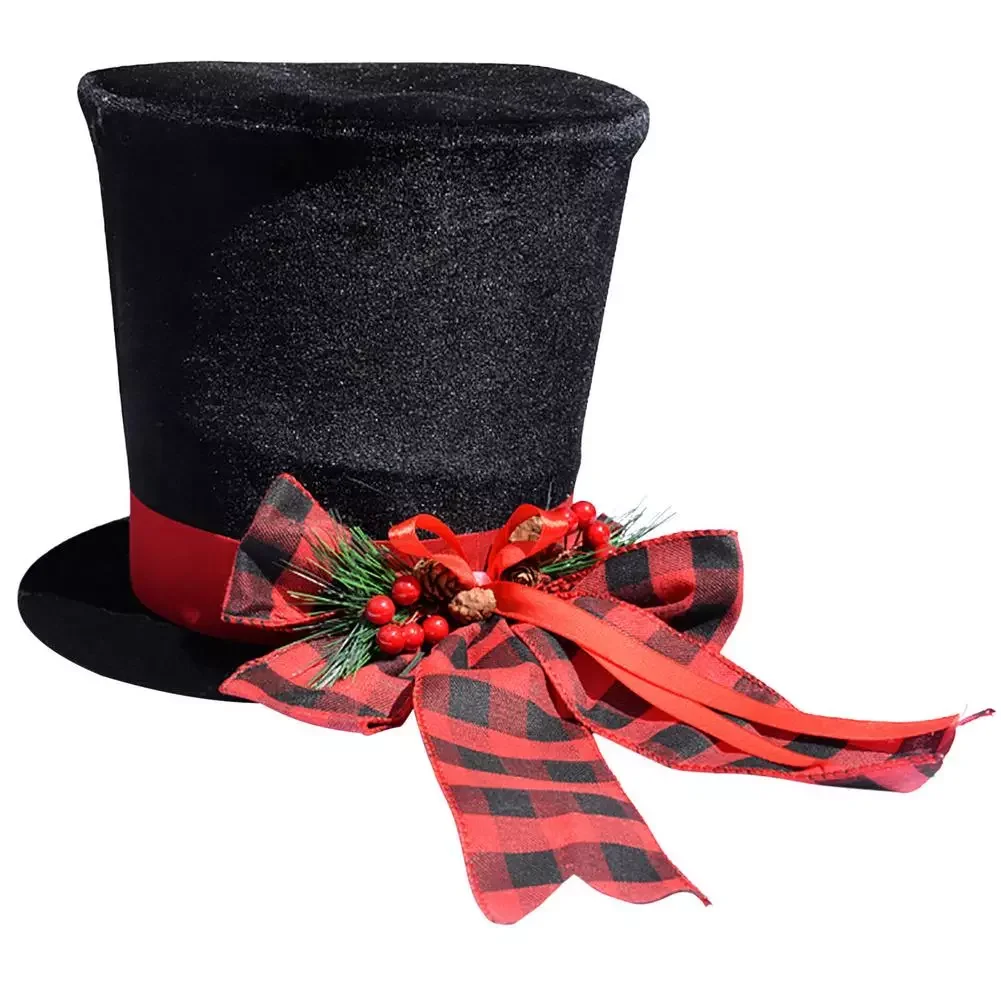

Christmas Tree Topper Hat Folding Black Hat With Red Bow And Plaid Ribbon Christmas Tree Topper Decoration Desktop Pendants Ho