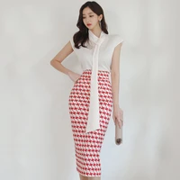 summer elegant office women houndstooth skirt suit ladies package hip skirt 2 piece set scarf collar top korean female clothing