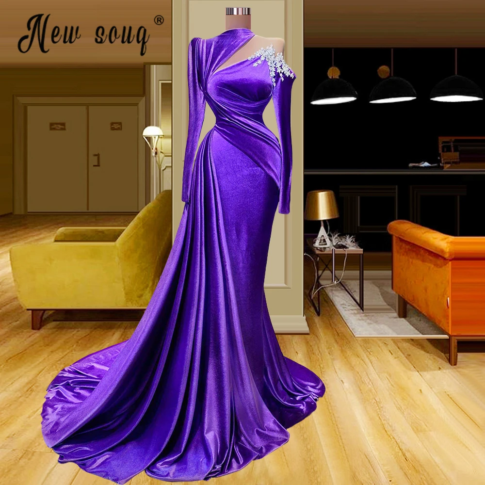 

Velour Beaded Evening Dresses With Detachable Train Velvet Pleated Long Sleeve Slit Evening Party Gowns Off Shoulder Prom Gowns