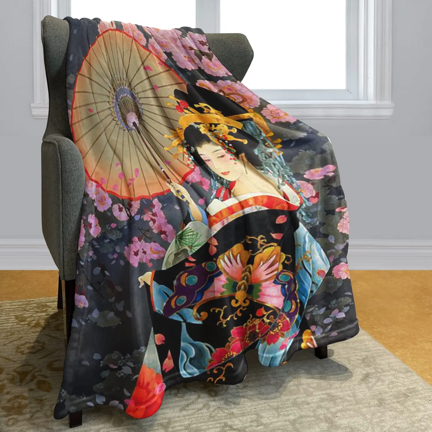 

Japanese Ukiyoe Geisha Girl Blanket Bedding Throw Soft Cozy Flannel Plush Blanket All Size for Girl Adults Teens Bed Couch Sofa
